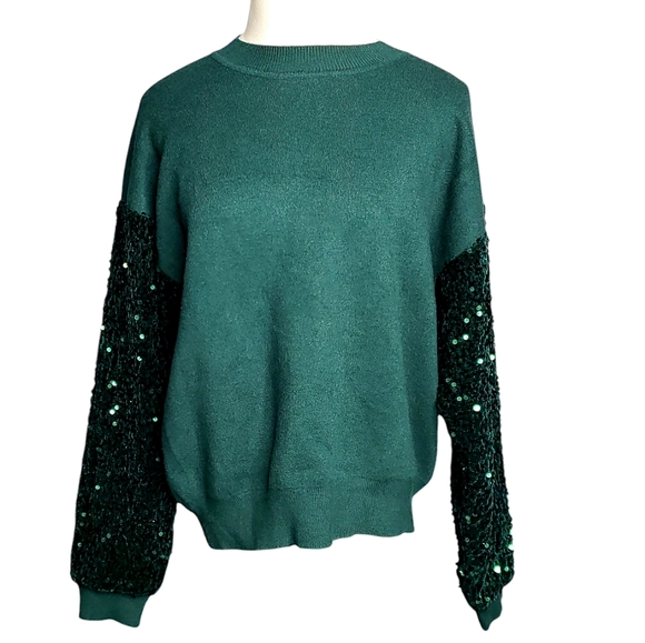 Shopthemint.com Sequin Sleeves Knitted Sweatshirt Holidays Forest Green Sequins - Picture 3 of 13